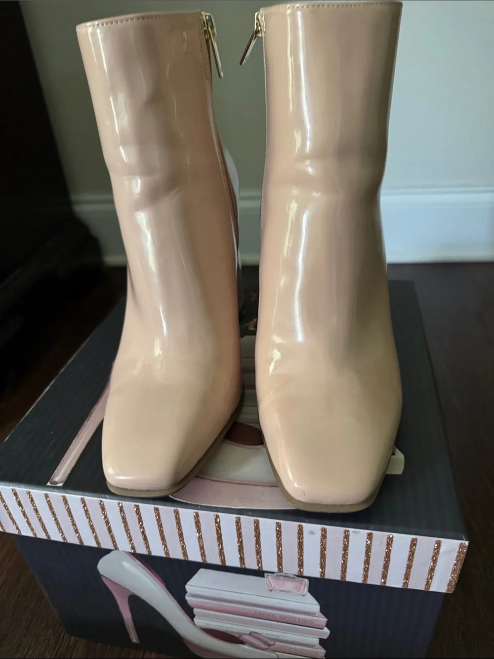 Jennifer Lopez Nude Patent Ankle Boots with Side Zip